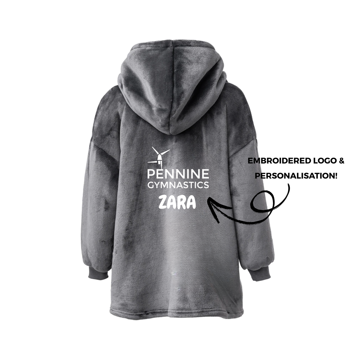 Pennine Gymnastics charcoal fleece oodie, back with embroidered logo